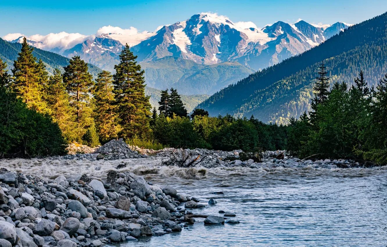 Река в горах фото Wallpaper forest, mountains, stones, river, Georgia, Upper Svaneti for mobile an