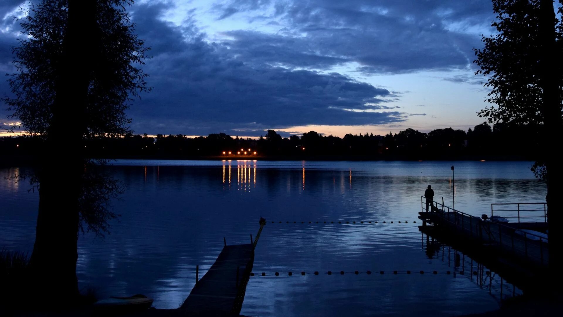 Река вечером фото Download wallpaper 1920x1080 pier, night, river, silhouette, solitude full hd, h