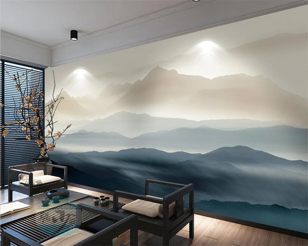 Реки на стене в интерьере Welyu Customized 3d Wallpaper New Chinese Zen Ink Landscape Painting Abstract Oi