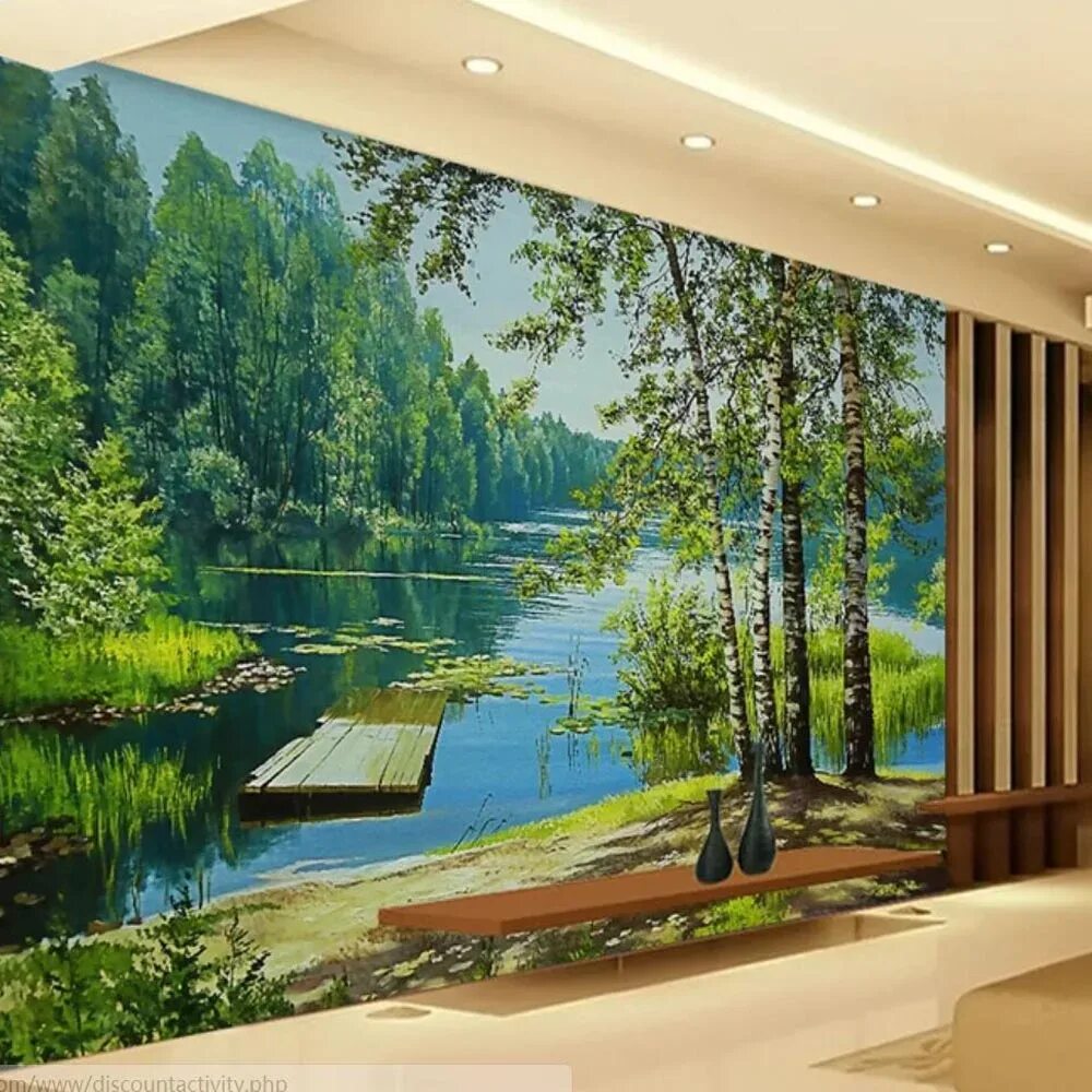 Реки на стене в интерьере 3D HD Photo Green Tree Lake Mural Wallpaper for Living Room Bedroom Walls Decor 