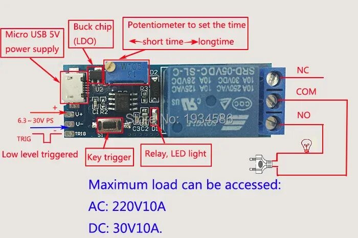 Реле алиэкспресс подключение Реле питания Micro USB, 5-30 в, 10 А, 250 В переменного тока, 10 А, 30 В постоян
