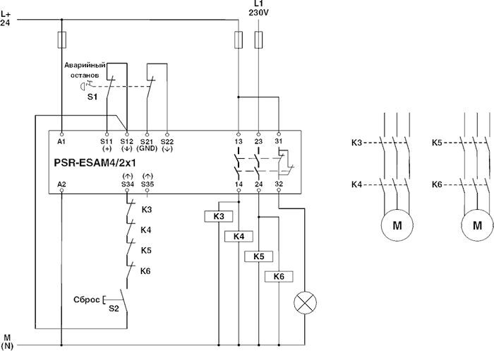 Реле безопасности схема подключения Phoenix contact 2900525 PSR-SCP- 24UC/ESAM4/2X1/1X2 Реле безопасности