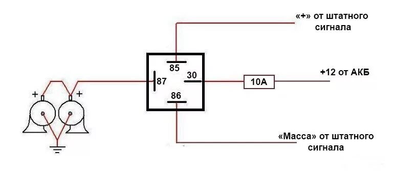Схема подключения Волговского сигнала через 4-х контактное реле, на автомобили с
