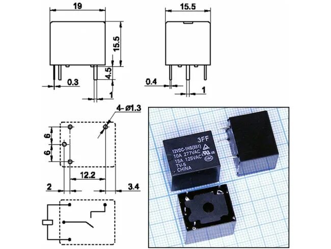 Реле jqc 3ff схема подключения Купить Реле 12VDC HF3FF-012-1HS 1A 10A/277VAC в Великом Новгороде