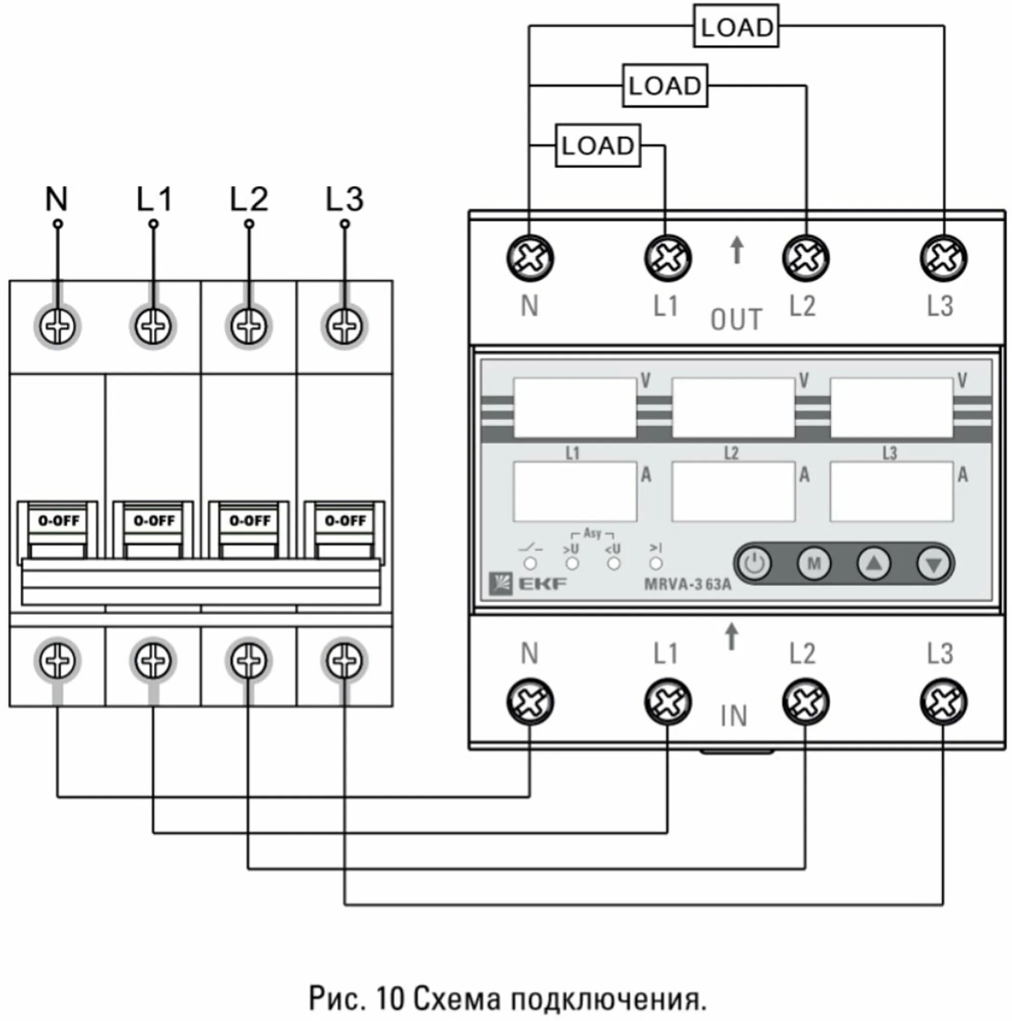 Реле напряжения 3 фазное схема подключения Реле напряжения и тока трехфазное с дисплеем MRVA-3 63A EKF MRVA-3-63A - купить 