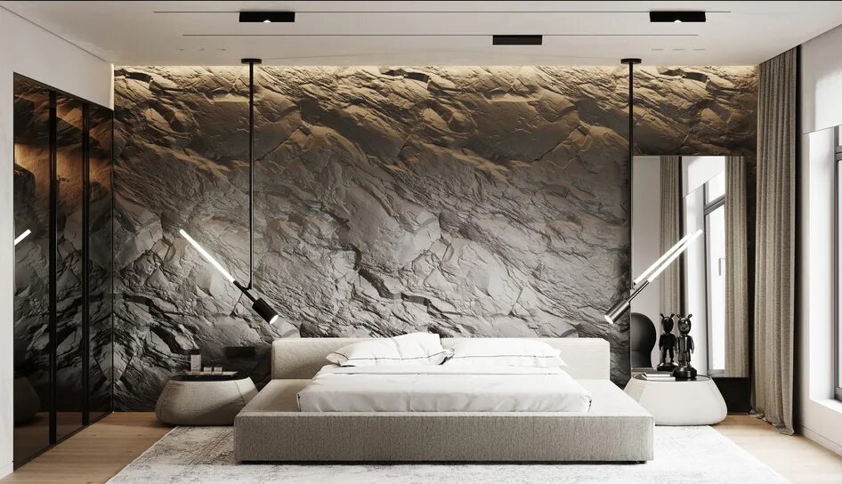 Рельефная стена в интерьере Bedroom with a rock - Работа из галереи 3D Моделей