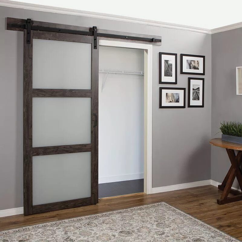 Рельсовые двери межкомнатные фото и цены Hall 3-Lite Complete Glass Barn Door with Installation Hardware Kit Glass barn d