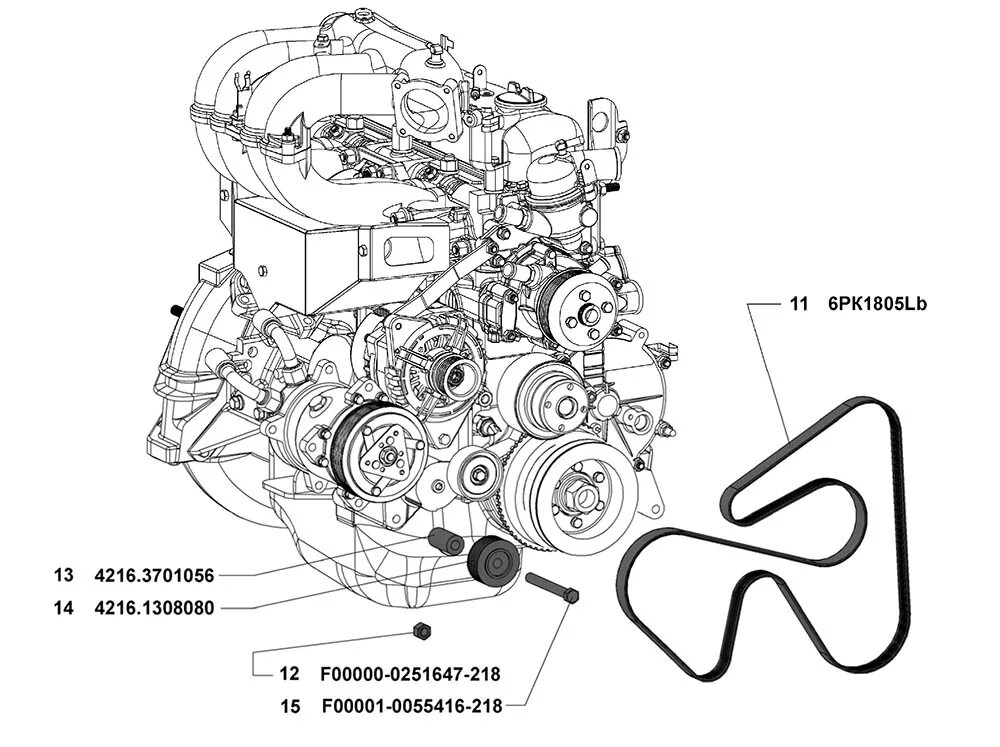 Ремень 4216 установка схема F00001-0005166-719 Шайба 8Л УМЗ 4216 евро 4 Привод водяного насоса и вентилятора