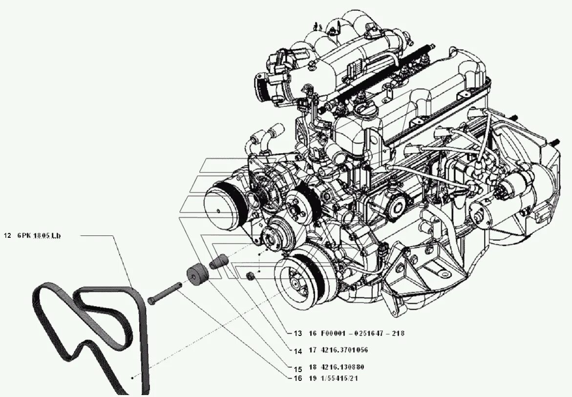 Ремень генератора газель 4216 установка схема Привод водяного насоса и вентилятора УМЗ-4216-70 (Евро 3) (Чертеж № 19: список д