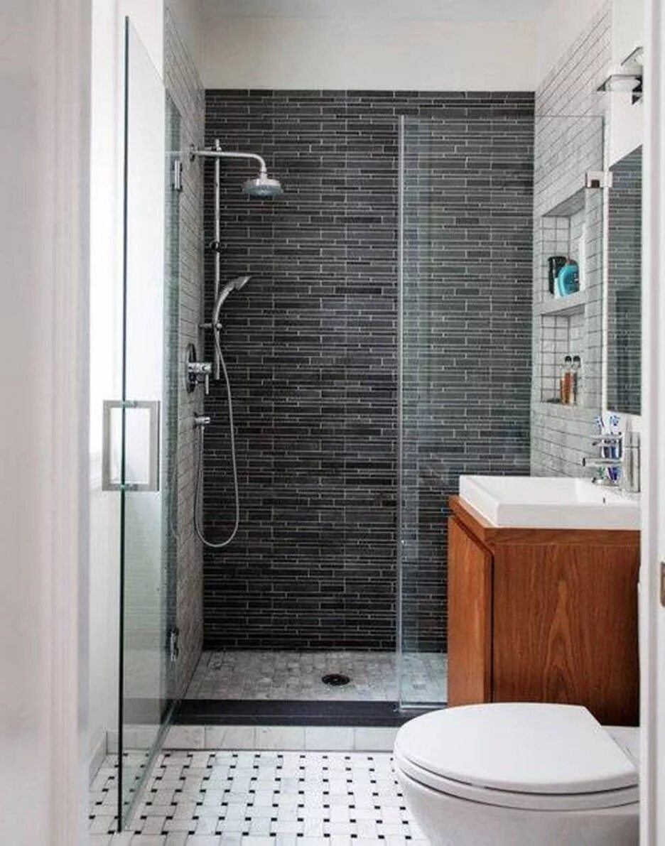 Ремонт душевой и туалета фото Great Small Bathroom Idea Feature Black Gray Shower Wall Tile And Glass Door Plu