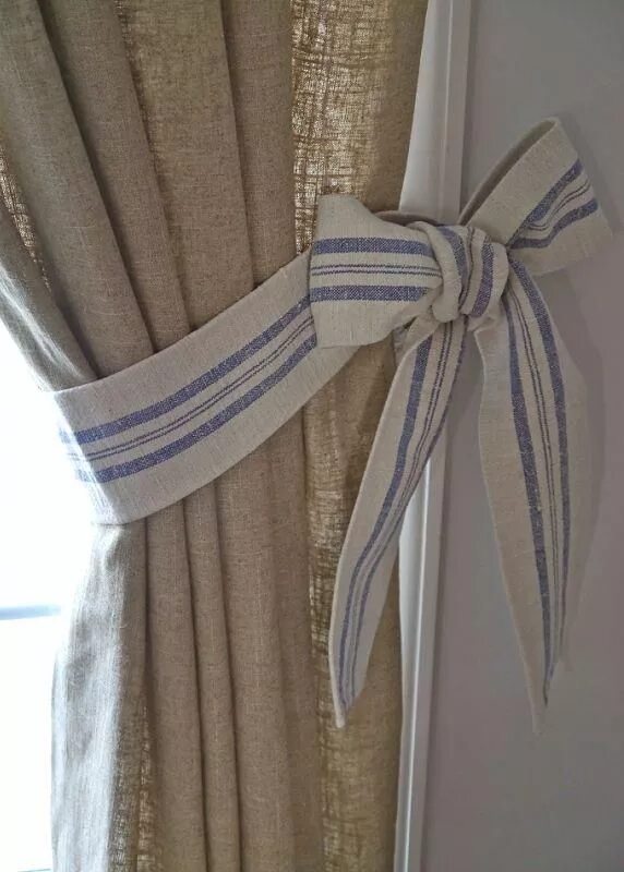 Ремонт штор своими руками gorgeous burlap drapes + blue striped ribbon. #FrenchCountryLivingRoom Curtain t