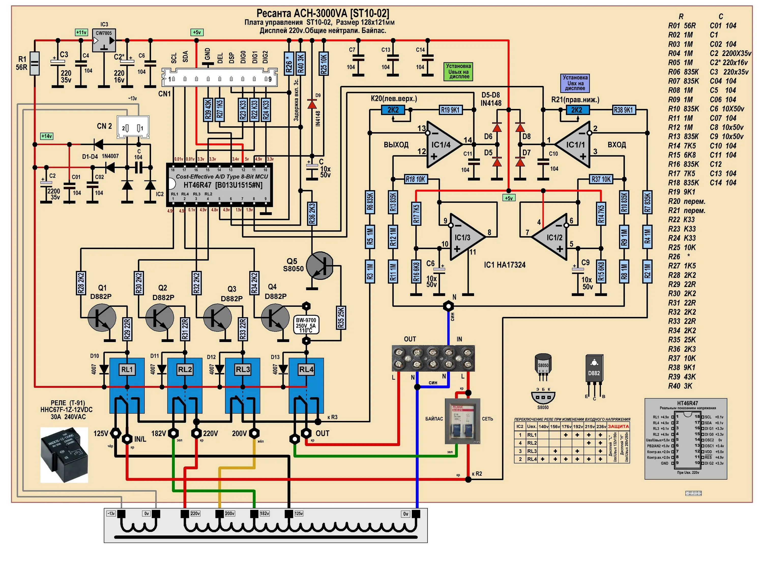 Ремонт стабилизатора ресанта своими руками 08.Ресанта АСН-3000/1-Ц. Принципиальная схема пл. управ. ST10-02. - 28. 4 реле. 