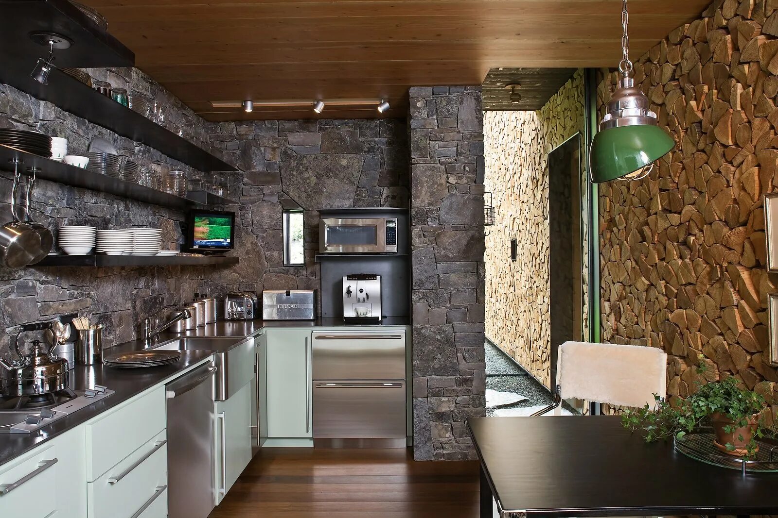 Ремонт своими руками отделка кухни Kitchen Refrigerator Open Stone Slab Photos from Stacked-Wood Walls Tie This Eco