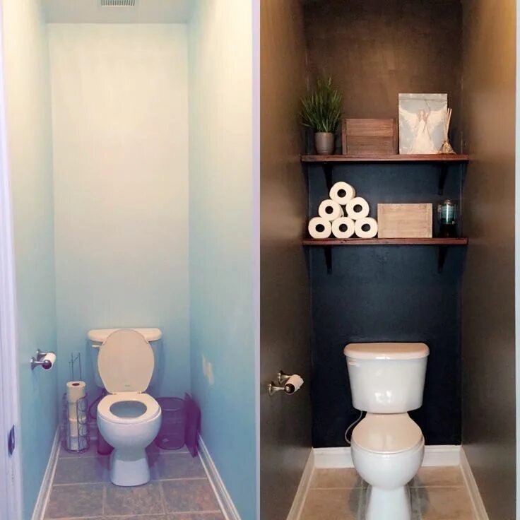 Ремонт туалета своими руками фото идеи Bathroom makeover. Toilet room, dark colors, floating shelves, baskets, clutter 