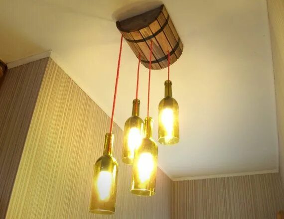 Ремонт уличного светильника своими руками Ceiling lamp in a wine barrel with 4 shades of wine bottles, pendant light, wood