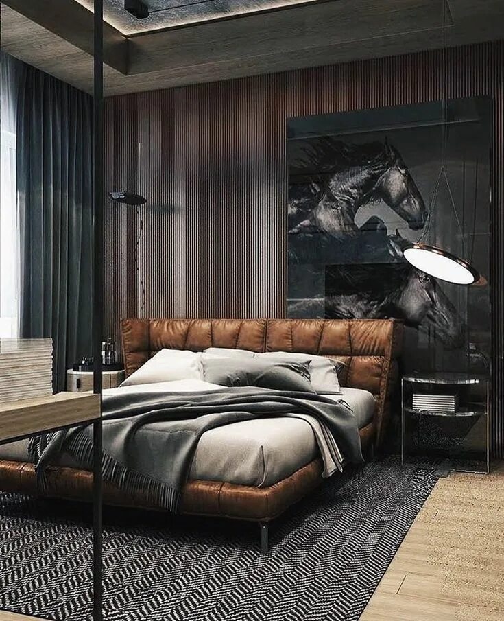 Ремонт в мужском стиле Spaces on Twitter Mens bedroom decor, Men's bedroom design, Brown leather bed