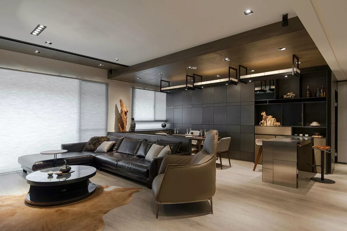 Ремонт в мужском стиле Stone and Wood Make a Dark, Masculine Interior Desain rumah, Ide ruang tamu mode