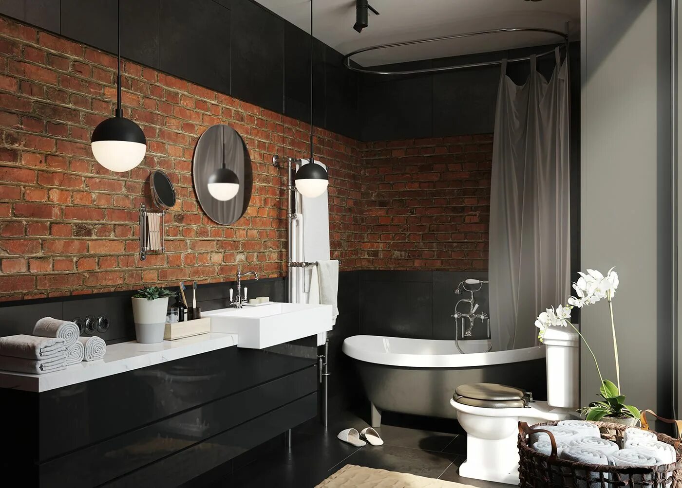 Ремонт в ванной в стиле лофт Loft Interior on Behance Loft interiors, Brick bathroom, Exposed brick bathroom