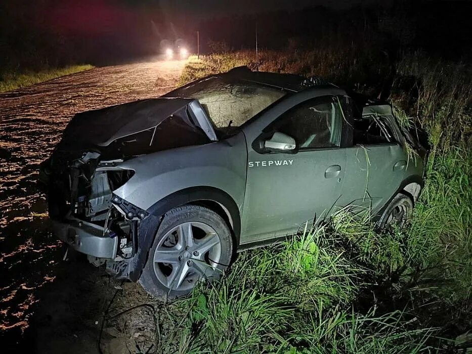 Рено авария фото Renault Sandero с водителем и пассажиром опрокинулся на дороге в Дедовичском рай