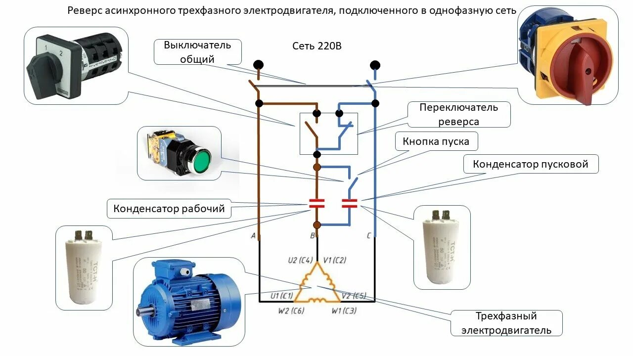 Реверс двигателя 220 вольт подключение схема Реверс асинхронного трехфазного электродвигателя, подключенного в однофазную сет