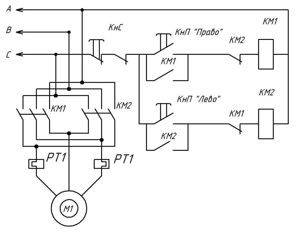 Реверсивная схема подключения электродвигателя с концевыми выключателями Принципиальная схема реверсивного пуска двигателя