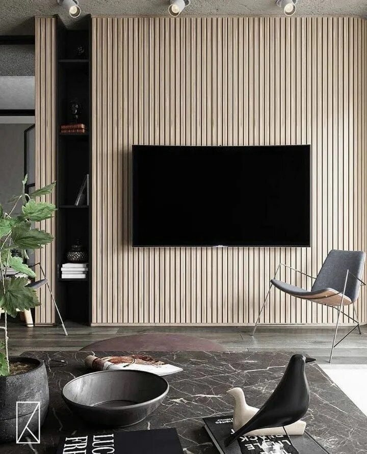 Рейка в интерьере гостиной с телевизором How to Create an Epic TV Wall SwatchPop! Tv wall design, Living room design mode