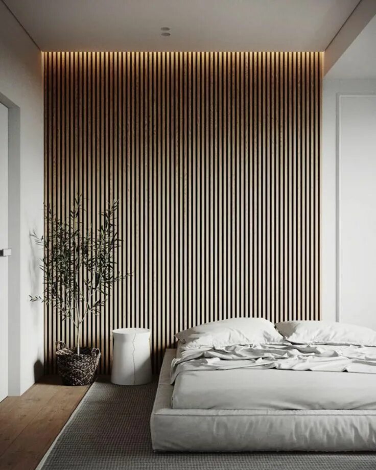 Рейка в спальне на стене фото Wood Slat Trend Decoración de unas, Decoración de interiores minimalista, Decora