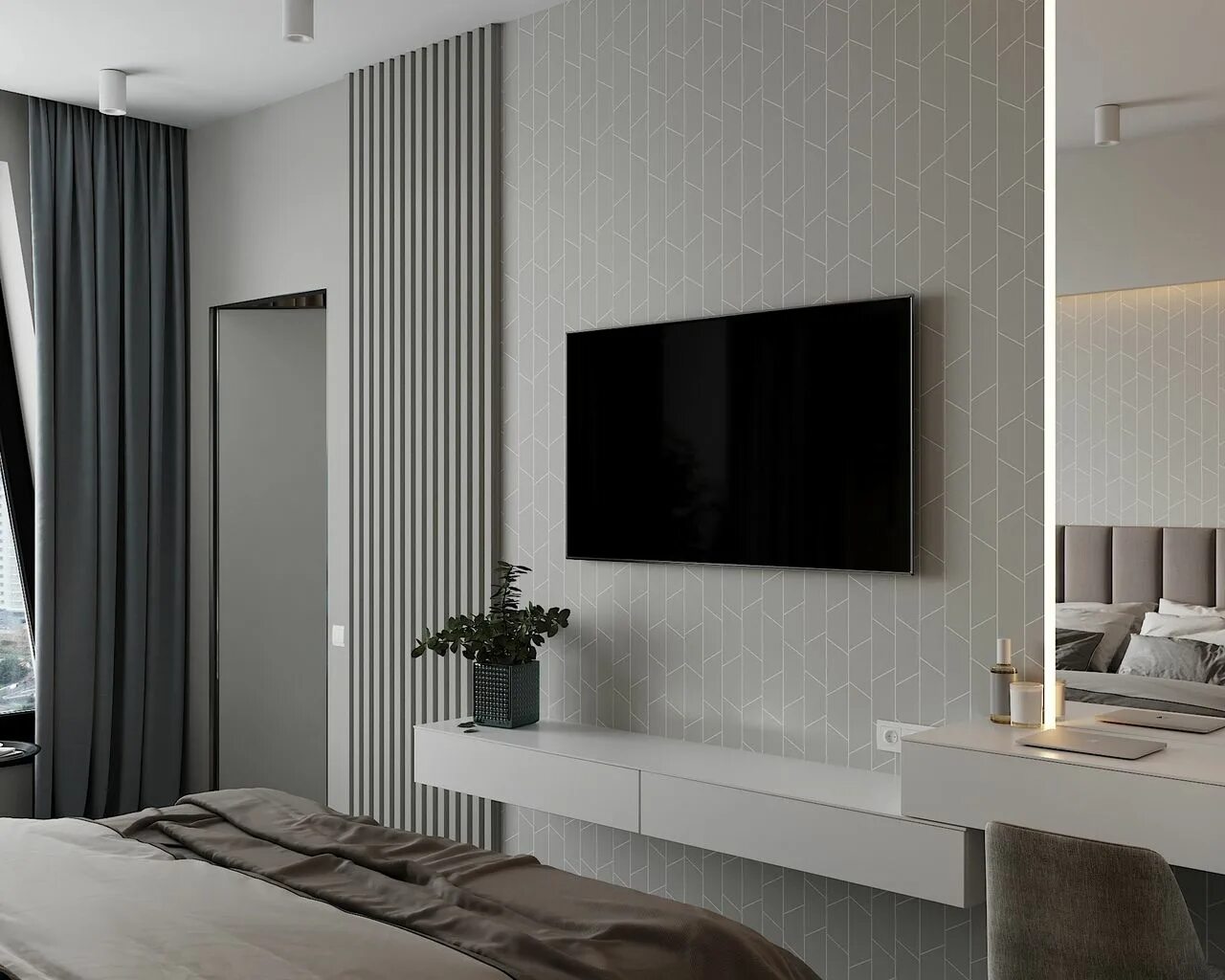 Рейки на стену с телевизором в интерьере Pin by Mari Gerasimova on design Modern bedroom design, Bedroom design, Tv in be