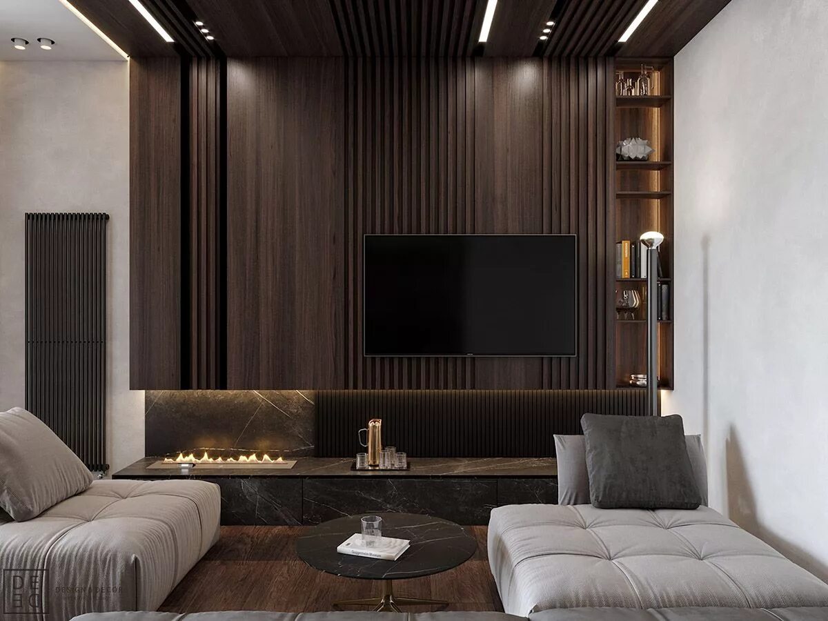 Рейки в интерьере гостиной Luxurious Interior With Wood Slat Walls Interior wall design, Living room interi