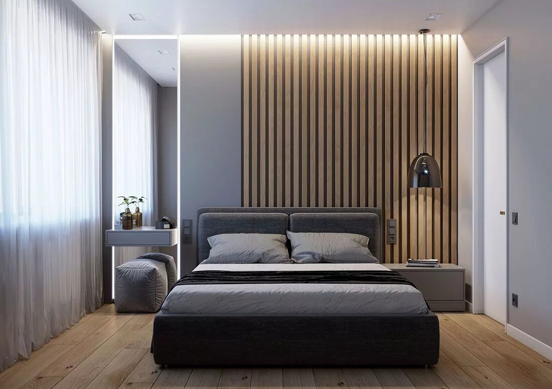 Рейки в интерьере спальни Scandinavian hygge - AZARI ARCHITECTS Bedroom bed design, Master bedroom interio