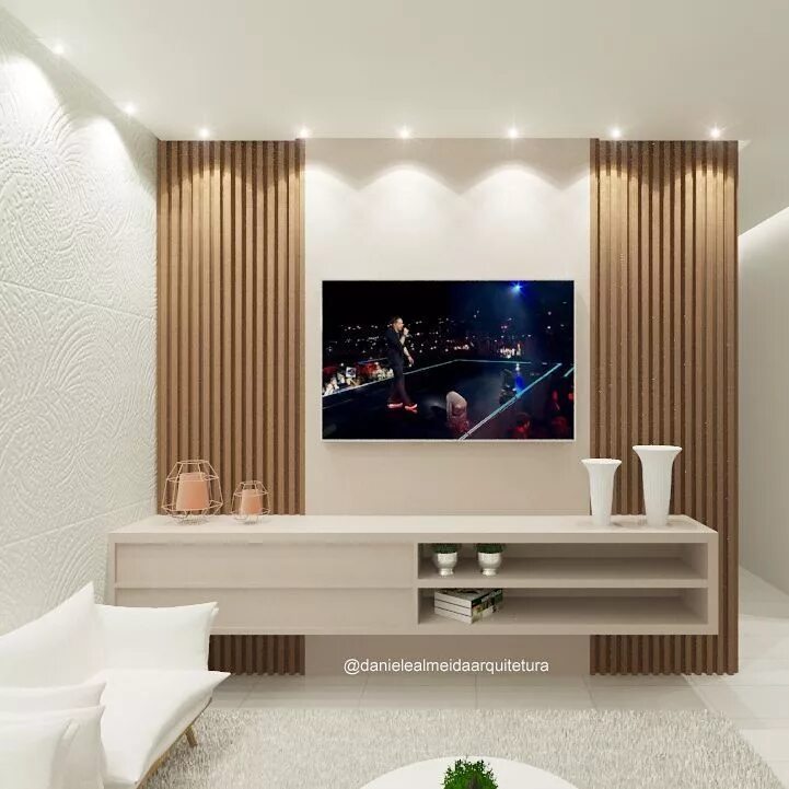 Рейки за телевизором фото Sala de TV com esse painel que é um charme! Po Decoração sala de tv, Decoração d