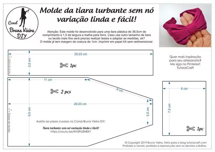 Резинка из ткани выкройка Molde da tiara turbante sem nó, variação linda e fácil! Tiara, Diy laço para cab