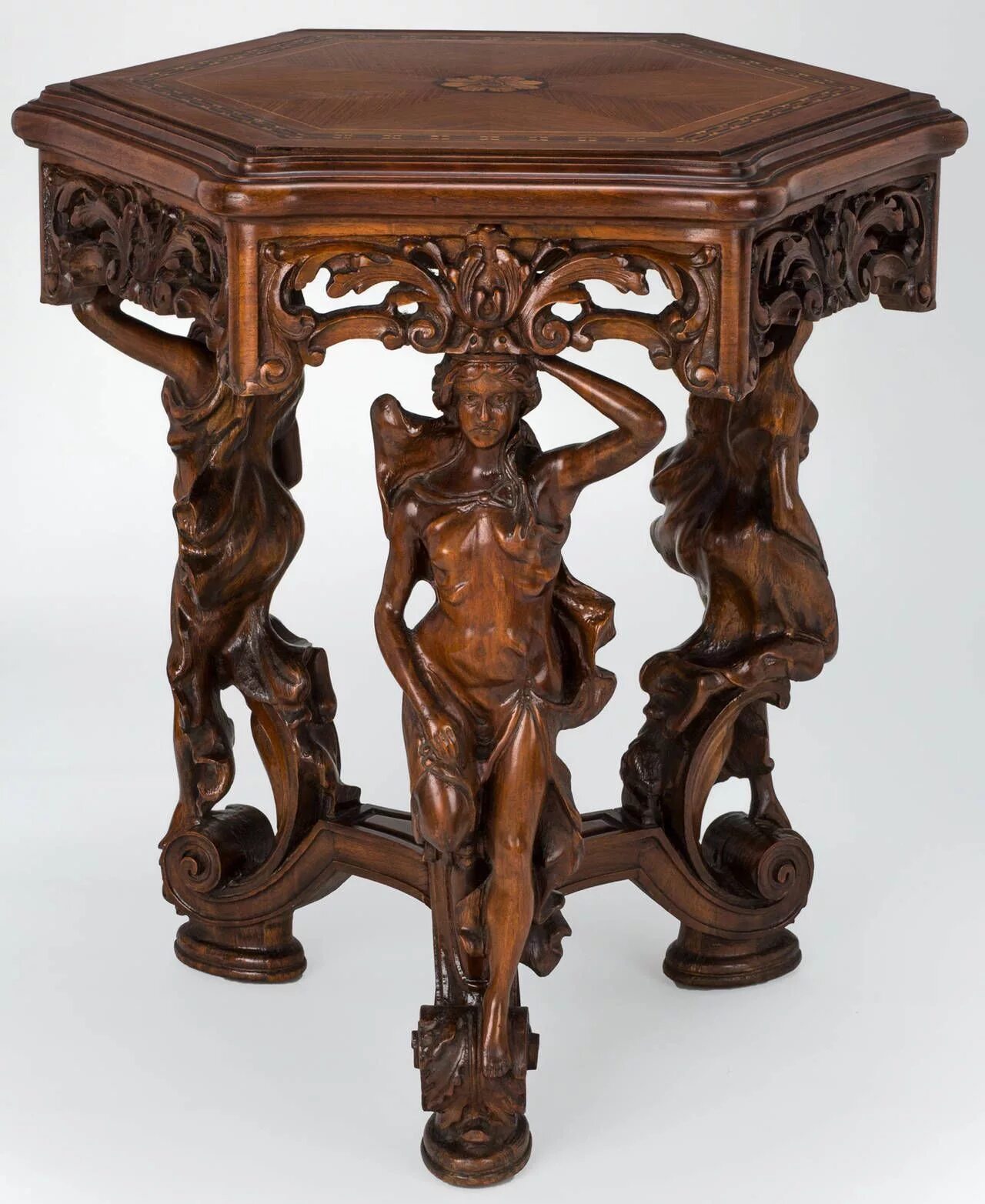 Резные столы фото Marquetry Top Art Nouveau Carved Figurine Center Table Meubels, Houtbewerking, A