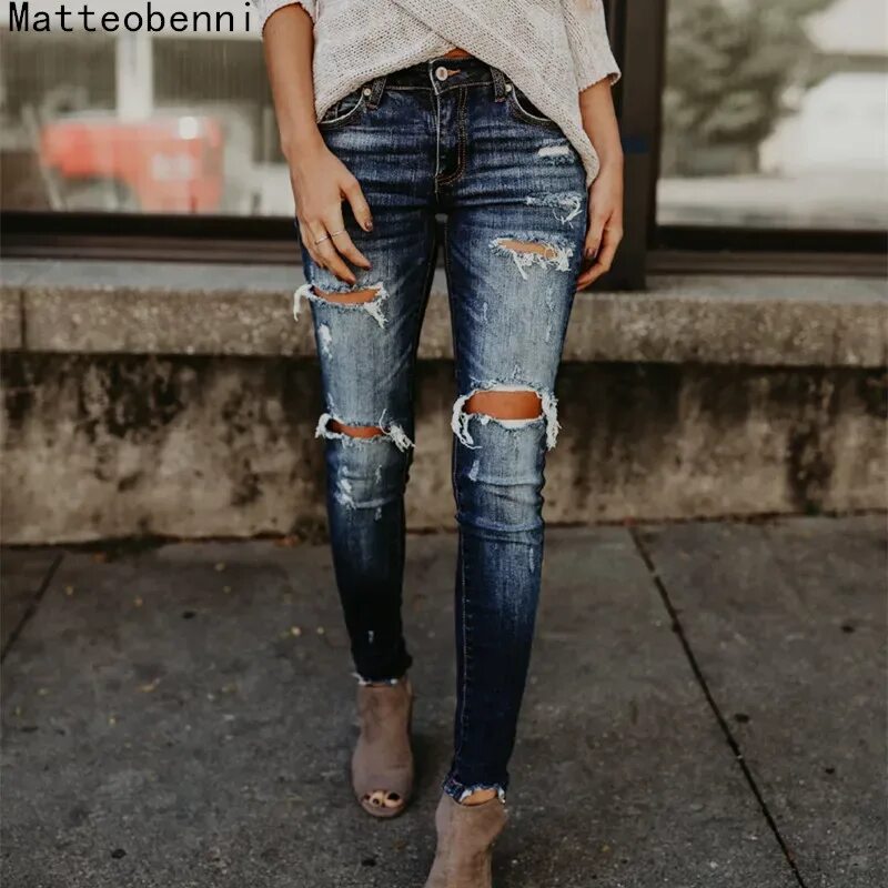 Рваные джинсы 2024 фото Boyfriend Hole Ripped Jeans Women Pants Cool Denim Vintage Skinny Push Up Jeans 