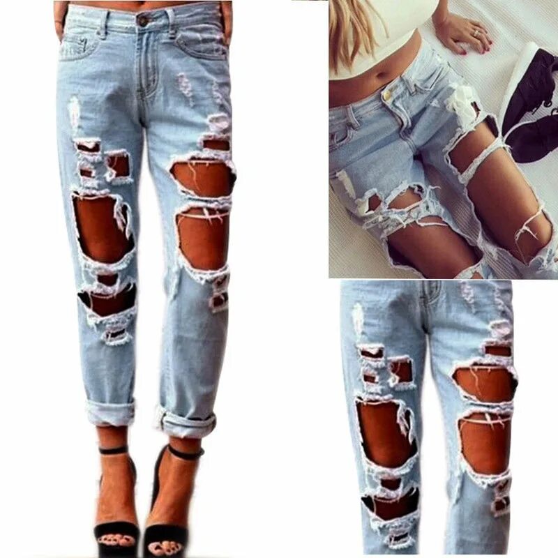 Рваные джинсы фото Sexy Women Destroyed Ripped Distressed Slim Denim Pants Boyfriend Jeans Trousers