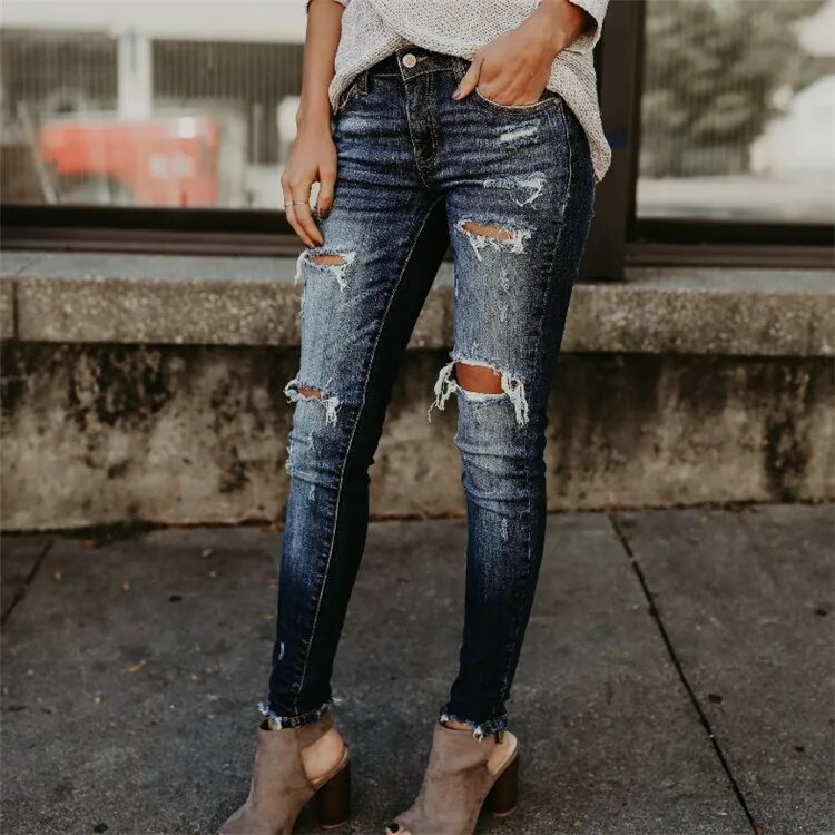 Рваные джинсы фото 2019 Spring Boyfriend Style Hole Ripped High Waist Slim Jeans Women Cool Denim V