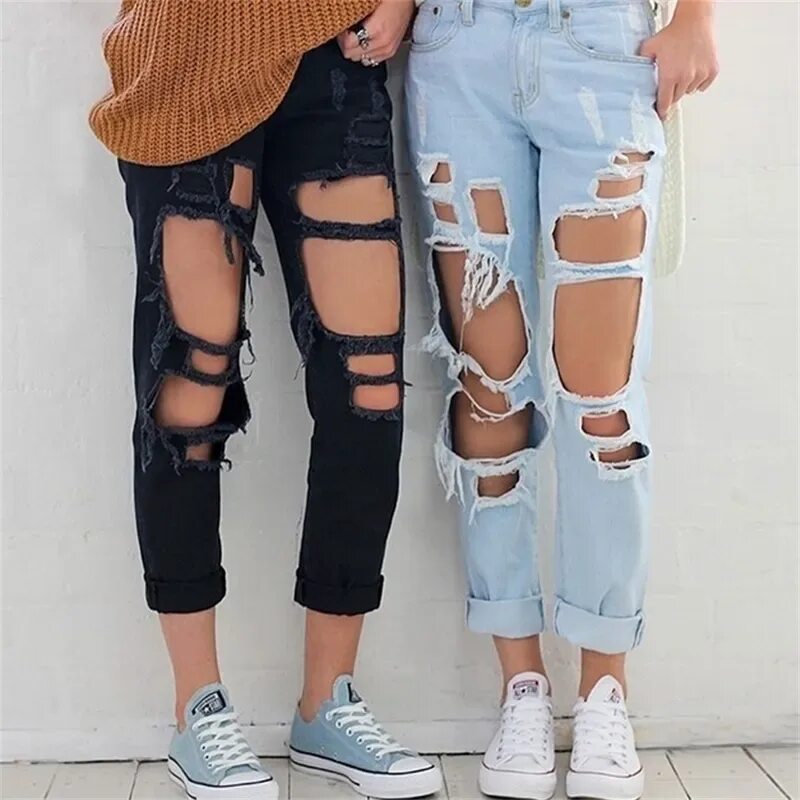 Рваные джинсы фото Boyfriend Ripped Mom Jeans For Women High Waist Straight Hole Jeans Streetwear W