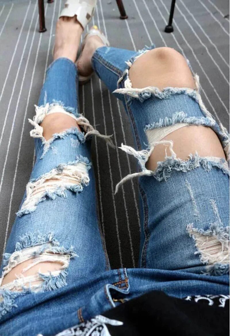 Рваные джинсы ужас моды фото Heyouthoney high quality casual women elastic ripped big hole denim pencil carpi